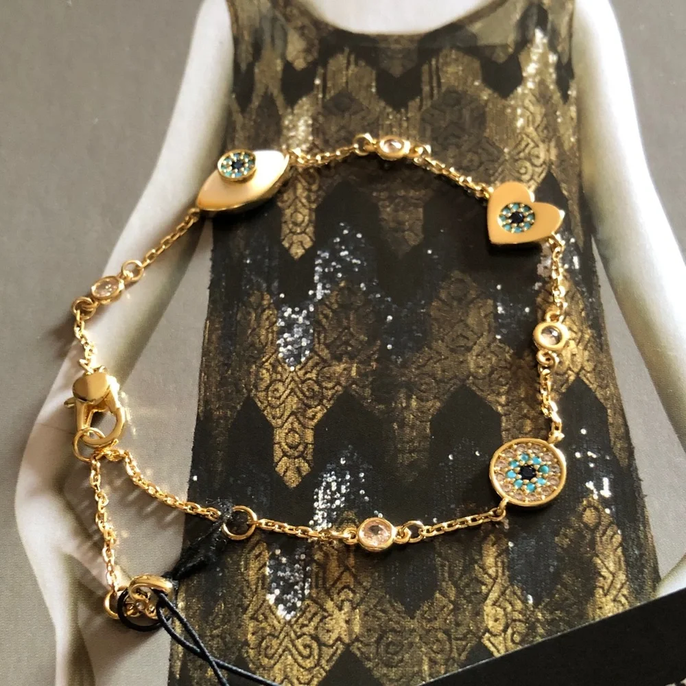 Authentic New on card kate spade evil eye Gold Crystal Station Chain Bracelet